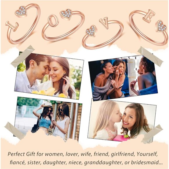 Women's Silver Rose Gold Plated Heart Capital Letter Initial Rings Stackable - Picture 5 of 8